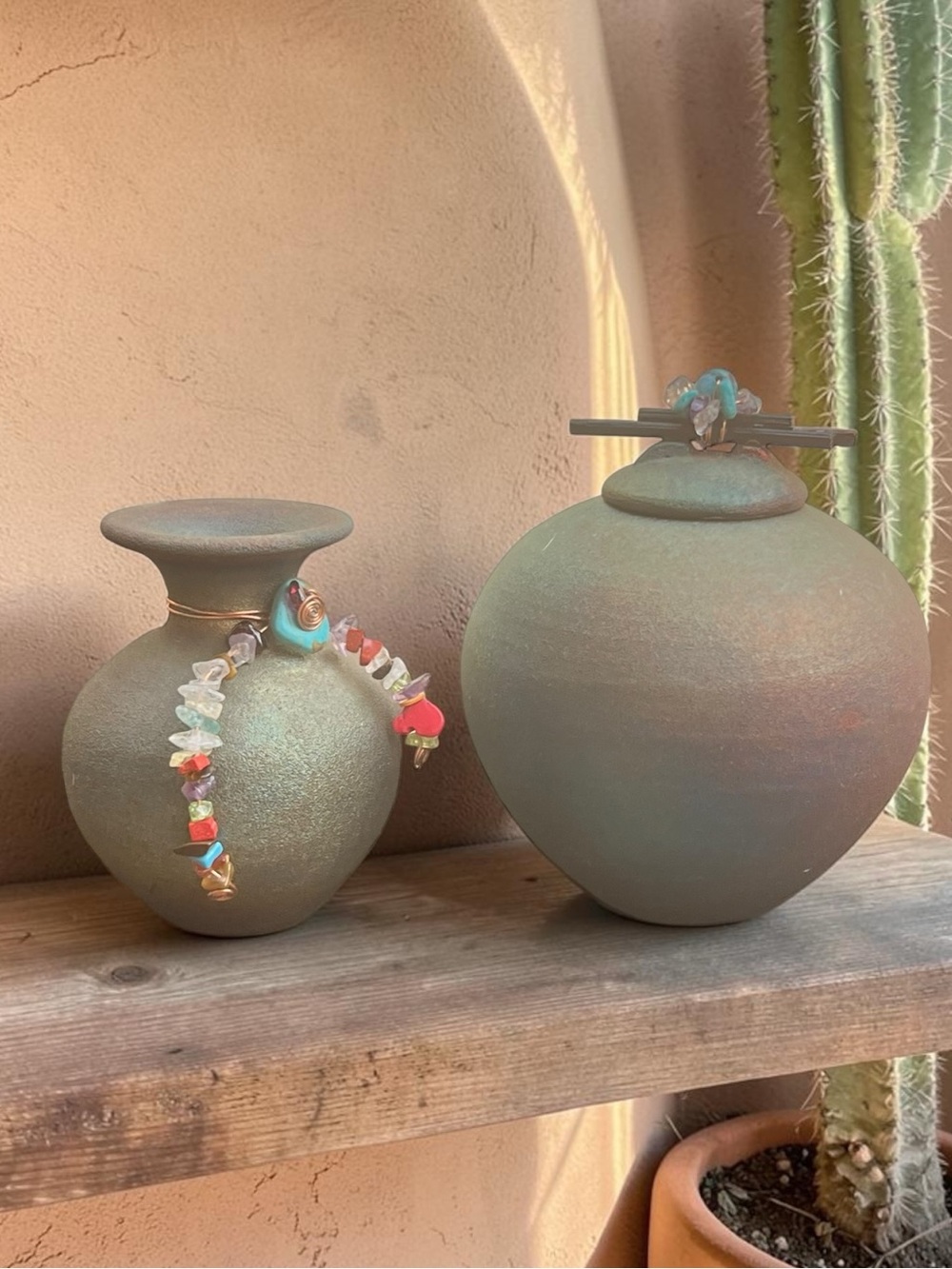 J. Diller Raku Gemstone Pottery Vase Set of 2